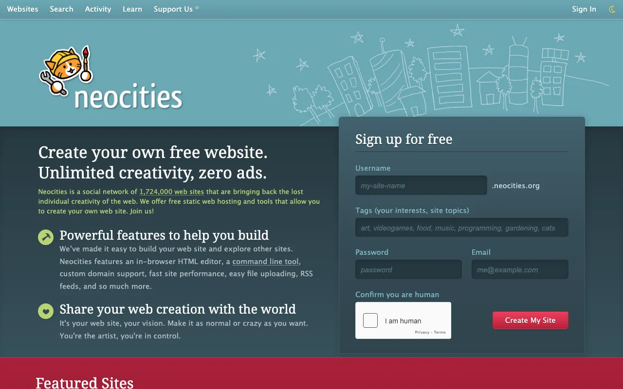 Neocities homepage